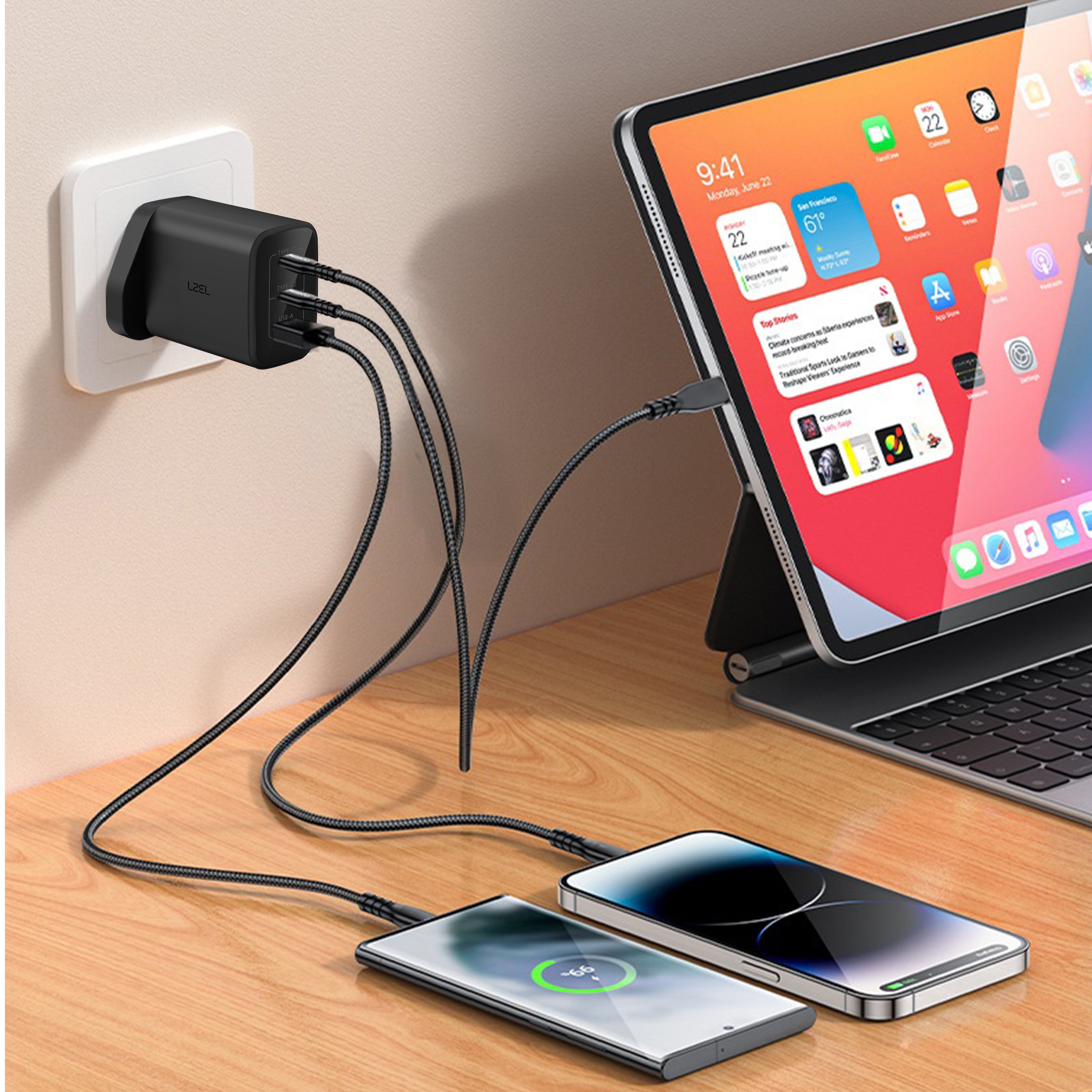 شاحن حائط فائق السرعة من ليزل بقوة 67 واط بثلاث منافذ USB بتقنية GaN | أسود شاحن حائط فائق السرعة من ليزل بقوة 67 واط بثلاث منافذ USB بتقنية GaN | أسود